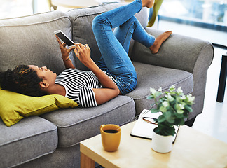Image showing Relax, smartphone and woman on sofa in home for network, online website and social media. Communication, mobile app and calm female person on phone for chatting, text message and internet connection