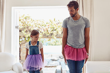 Image showing Man with girl, ballet dancing and teaching with learning at home in tutu, bond with love and creativity. Family, father and daughter dance in living room, ballerina lesson and spending time together