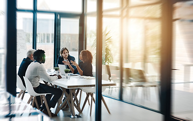 Image showing Strategy, teamwork and meeting with business people in boardroom for planning, brainstorming and solution. Corporate, collaboration and conference with employees in office for negotiation development