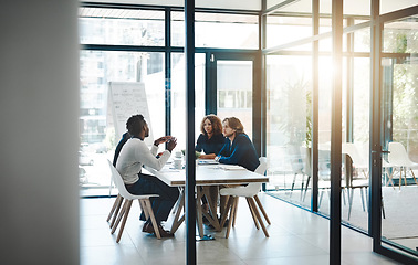 Image showing Planning, idea and meeting with business people in boardroom for strategy, brainstorming and solution. Corporate, collaboration and conference with employees in office for negotiation development