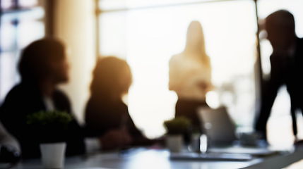 Image showing Meeting, blur and team of employees in office planning a corporate project in collaboration. Teamwork, brainstorming and group of business people in discussion working together in workplace boardroom