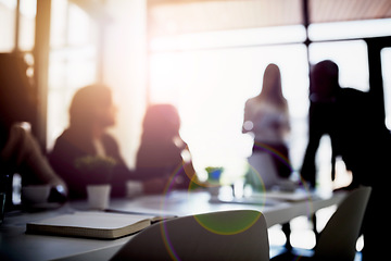 Image showing Discussion, planning and business people in the office brainstorming for a corporate project in collaboration. Teamwork, meeting and blur of group of employees working together in workplace boardroom