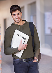 Image showing Laptop, books and student or man portrait for learning, education and studying for university at outdoor campus. Happy person with technology, study resources and college, knowledge or scholarship