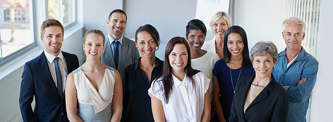 Image showing Teamwork, portrait and happy business people standing together for leadership, management and diversity in company. Smile on faces of employees, women or men in group collaboration and career mindset