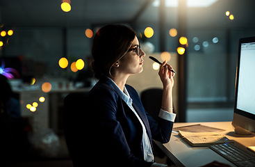 Image showing Night, computer or business woman reading research or networking overtime on digital marketing strategy. Late, lens flare or focused employee online for project email deadline on internet in office