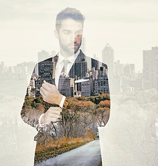 Image showing Business man, confidence and city with double exposure, thinking with professional mindset and abstract. Urban overlay with cityscape, corporate male person with career, skyscraper and ambition