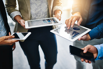 Image showing Business group, hands and technology with tablet and phone in a office with online data. Contact, collaboration and web management team on tech with sales charts and social network for planning