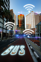 Image showing Smart city, wireless network connection and hologram media in street, bus road and overlay of digital icon. Town, internet technology and future innovation of graphic data, buildings and iot system