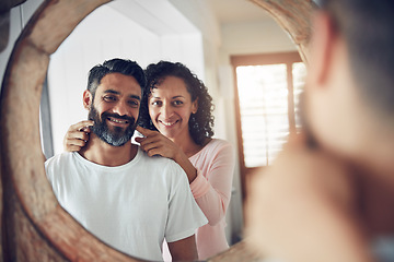 Image showing Happy, reflection and morning with couple in mirror for wake up, support and love. Smile, commitment and happiness with man and woman bonding at home for motivation, helping and care together