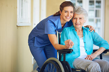 Image showing Portrait, caregiver or old woman in a wheelchair in hospital helping an elderly patient for support in clinic. Happy, medical or healthcare social worker talking to a senior person with a disability