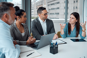 Image showing Team, laptop and discussion planning strategy for ecommerce finance, target goals and startup sales in office. Business people, leader communication and teamwork or tech data management conversation