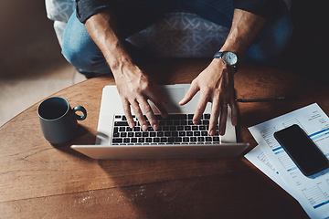 Image showing Laptop, hands and top view of man with documents in a living room for finance, review or budget. Above, keyboard and male person paying bills online for savings, investment and mortgage or loan