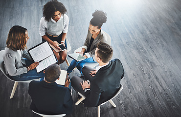 Image showing Discussion, planning and business people for meeting in office with documents and technology. Collaboration, team and top view of employees working with technology and paperwork together with mockup.