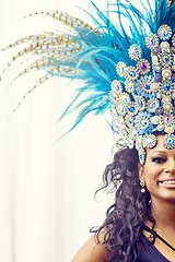 Image showing Samba, dance and carnival with portrait of woman in colorful costume for celebration, party and festival in rio de janeiro with mockup. Performance, culture and music with half face of girl for event