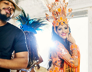 Image showing Samba, music and dance with woman at carnival for celebration, party and festival in Rio de Janeiro. Summer break, show and creative with brazil girl for performance, holiday and culture event