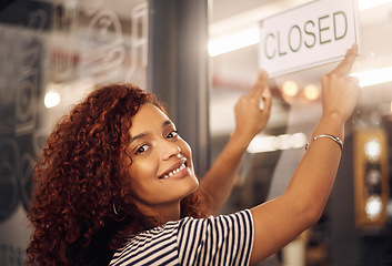 Image showing Closed, sign and portrait of happy woman at shop, store and notice of retail shopping time, board and advertisement. Small business owner advertising closing of cafe, information or storefront poster