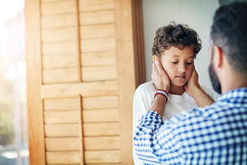 Image showing Depression, sad and care of a father and child together for comfort, love and support or trust. Depressed, empathy and anxiety or mental health problem of a boy kid with man for a talk in family home