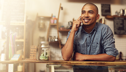 Image showing Smile, phone call and man with startup success, connection and communication for planning. Male person, happy employee and business owner with happiness, conversation and discussion in store and shop