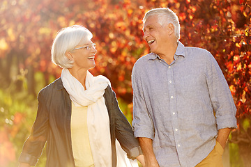 Image showing Holding hands, laughing and a senior couple in a vineyard, walking together while on a romantic date. Funny, love or romance with a mature man and woman taking a walk on wine farm for bonding