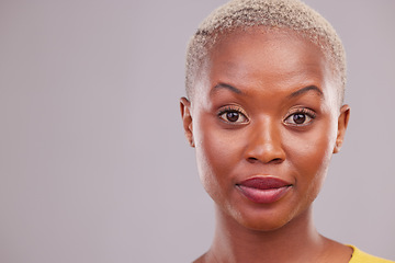 Image showing Raised eyebrows, portrait and woman in studio with a confused, suspicious or surprise face. Young, beautiful and African female model with shock facial expression by gray background with mockup space