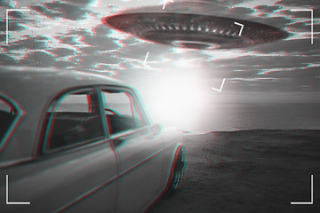 Image showing UFO, alien and viewfinder on a camcorder screen to record a flying saucer in the sky over area 51. Camera, car and conspiracy theory with a spaceship on a recording device display outdoor in nature