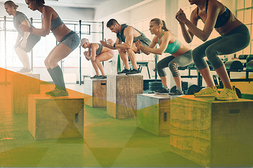 Image showing Box jump, fitness and exercise with people at gym for workout and cross training. Athlete men and women group together for power challenge, commitment and strong muscle in class or club with overlay