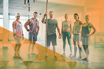 Image showing Group fitness, people and portrait at gym for exercise, workout and rope training. Personal trainer with happy men and women for power challenge, commitment or strong muscle at a club with a overlay