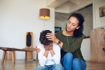 Image showing Empathy, sad and family child, mother or woman comfort crying kid over bullying problem, home depression or youth crisis. Mental health, unhappy and mom with support for young son with emotional pain