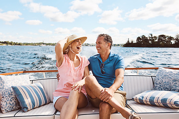 Image showing Laughing, happy couple and on a boat for retirement travel, summer freedom and holiday in Bali. Smile, love and a senior man and woman on a yacht for vacation adventure, luxury and a cruise date