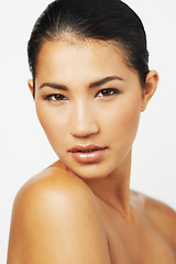 Image showing Natural beauty, woman closeup and portrait with skincare and dermatology with mockup. Isolated, white background and Asian female person with face makeup and skin glow from cosmetics and treatment