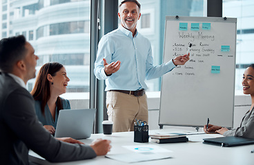Image showing Senior businessman, happy leader and training presentation or business meeting for sales marketing in office. Teamwork discussion, planning strategy and corporate employee happiness working together
