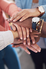 Image showing Hands together, team building and trust with diversity, collaboration and creative group at startup. Motivation, solidarity and support with teamwork, hand stack for a goal with people in community