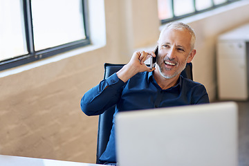 Image showing Ceo, senior businessman with cellphone on call and pc or desktop in modern office. Online networking or social media, business and happy mature man on smartphone or computer in workplace