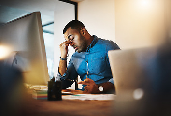 Image showing Headache, tired and businessman working in the office with eye strain from the computer or technology. Burnout, migraine and professional male employee doing research on a desktop in the workplace.