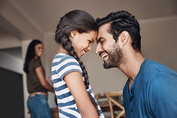 Image showing Happy, bonding and father and child with care, love and content together for happiness. Smile, family and a dad with a girl kid and affection, quality time or laughing on fathers day at home