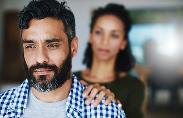 Image showing Support, sad and woman comforting a man with anxiety, depression or mental health problem. Thinking, love and a couple with care, comfort and touching shoulder for concern while depressed at home