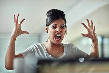 Image showing Stress, screaming and angry business woman in office with anxiety, problem and internet crisis. Frustrated, shouting and female person annoyed with glitch, delay or online problem, 404 and disaster