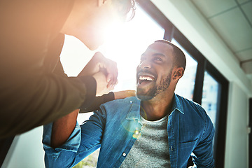 Image showing Business, men and employees with a startup success, victory or happiness in the workplace. Male consultants, professionals or entrepreneurs with handshake, winning or opportunity with positive review