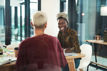 Image showing Office, happy or women laughing in meeting after planning growth strategy ideas with teamwork together. Smile, black woman or business friends speaking of a funny joke about employees or workers