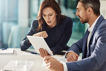 Image showing Collaboration, tablet and research with business people in the office for research on a company project. Teamwork, technology and brainstorming with a corporate team talking while planning at work