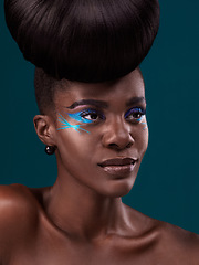 Image showing Idea, hair and makeup with a model black woman in studio on a blue background for beauty. Thinking, haircare and cosmetics with an attractive young female person at the salon for fashion or styling