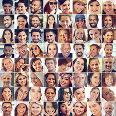 Image showing Diversity, large group and people with happiness, confident and different races with joy, cheerful and excitement. Portrait, faces and happy human beings with collage, smile and charming with beauty