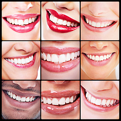 Image showing Dentistry, health and collage of teeth smiles with dental wellness and fresh mouth routine. Self care, cosmetic and montage of a diverse group of people with a clean, healthy and organic oral hygiene