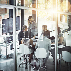 Image showing Business meeting, presentation and people in office for planning, discussion and problem solving. Finance, collaboration and woman leader with team in a boardroom for sharing vision, growth and idea