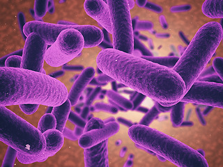 Image showing Microscopic bacteria of virus in purple illustration for healthcare, medical research or investigation on orange background. Zoom of particles or molecules for science, health or disease in dna study