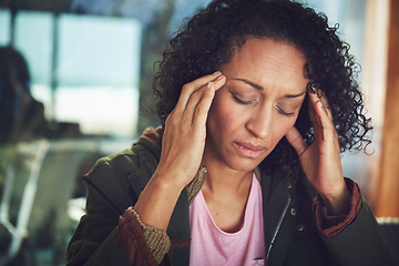 Image showing Anxiety, mature black woman with headache or stress and at home. Depression or burnout, mental health or healthcare and exhausted or tired female with hands on head at her house background