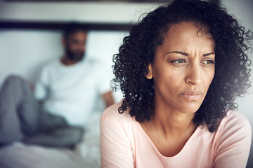 Image showing Divorce, angry black woman and couple in bedroom of their home or house. Marriage or relationship, communication or conflict and frustrated African female with breakup or couple problems inside