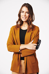 Image showing Portrait, happy woman and arms crossed in white background, casual style and confident attitude. Beautiful young female model, smile and posing in studio with good mood, happiness and fashion clothes