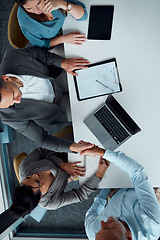 Image showing Business people, handshake and laptop for top view meeting, partnership deal and b2b interview collaboration in office. Contract, onboarding celebration and shaking hands for agreement or welcome