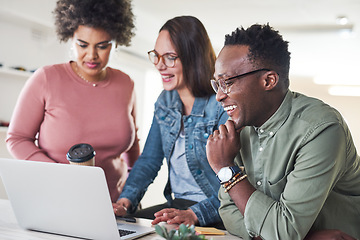 Image showing Team, laptop and meeting with collaboration, people work together at digital marketing startup. Black man, women and diversity, strategy discussion with pc and teamwork with communication in office